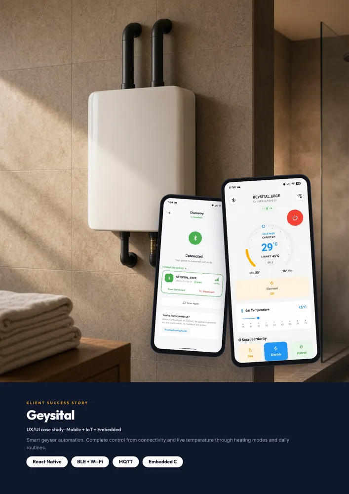 Geysital case study cover: the app next to a connected geyser